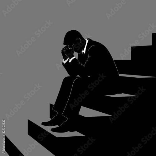 Man sitting on stairs in deep thought contemplating his problems.