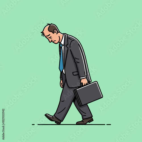 Depressed Businessman Walking with Briefcase in Despair.