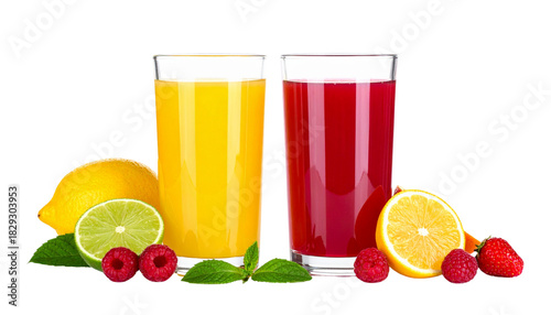  Healthy Juice Glasses with Citrus and Berries, isolated on transparent background