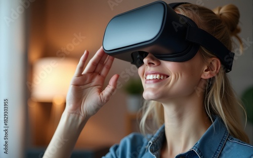 Businesswoman experiencing virtual reality in VR glasses. High quality