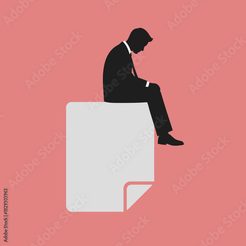 Silhouette of a sad and depressed businessman sitting on a blank document.