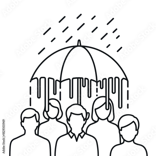 Group of people protected by umbrella from rain.