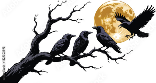 Four dark crows on a gnarled tree branch under a vibrant yellow full moon at night