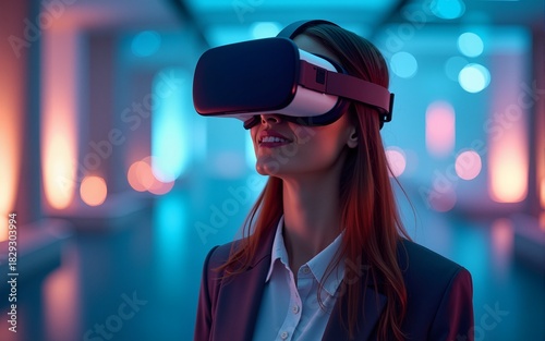 Businesswoman experiencing virtual reality in VR glasses. High quality