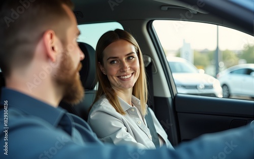 Young woman sitting in car looking at salesman in dealership. High quality