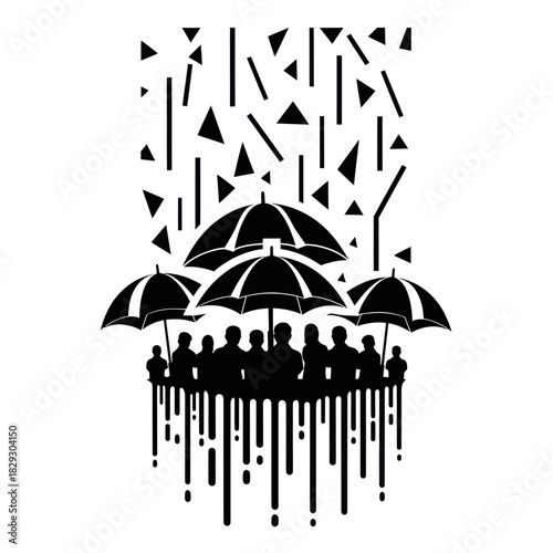 Group of people under umbrellas during a storm.