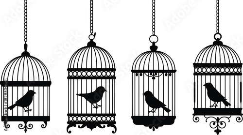 Four distinctive black silhouette bird cages with small birds perched inside on a white background