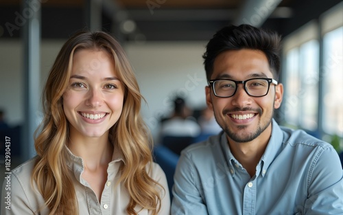 Young Caucasian woman and young Asian man in a casual business setting in an office. High quality
