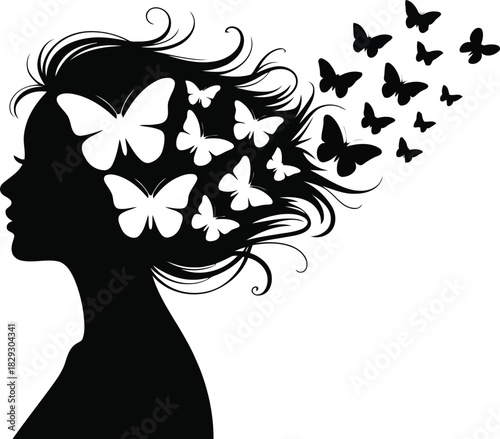 Graceful female profile with butterflies forming her hairstyle against a plain white background