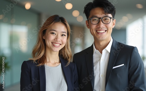 Young Caucasian woman and young Asian man in a casual business setting in an office. High quality