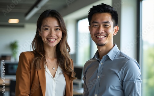 Young Caucasian woman and young Asian man in a casual business setting in an office. High quality