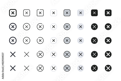 close button icons cross cancel delete symbols in square and circle styles for web ui design