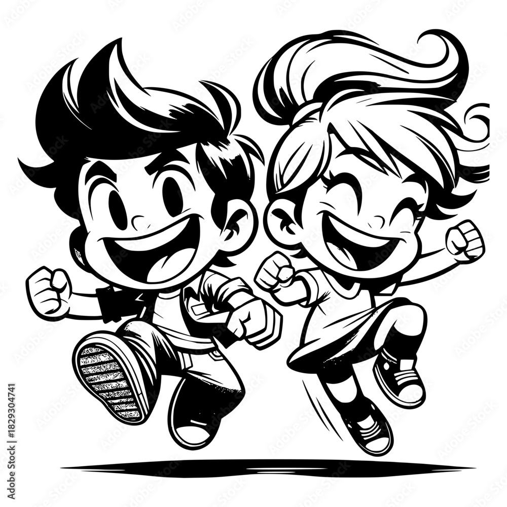 Fototapeta premium cartoon characters, a boy and a girl, smiling and jumping with excitement vector image illustration