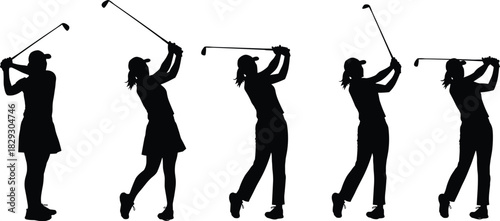Vector Silhouettes of Female Golfers in Full Swing Action Poses for Sport Leisure Club Advertisement Tournament and Golf Course Design.