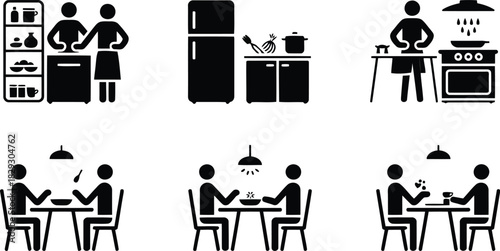 Monochrome icons illustrating various kitchen scenes and people sharing pleasant dining experiences