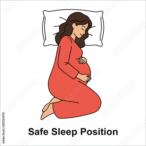 Pregnant Woman Sleeping on Side in Red Nightgown on White Background pregnancy expectant mother