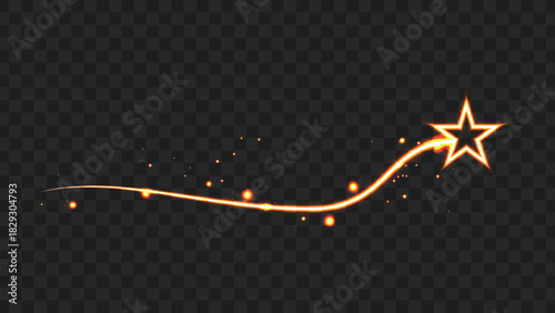 Glowing golden star with a curved trail and sparkling dots against a dark background.