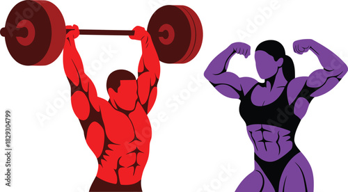 Muscular red male bodybuilder lifts heavy barbell overhead while strong purple female flexes biceps
