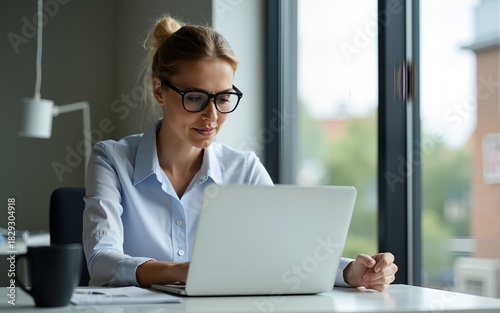 Senior businesswoman working on laptop at office. High quality