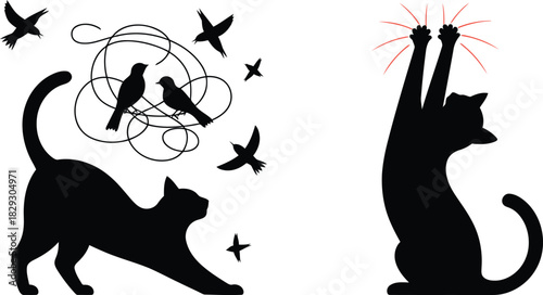 Playful black cat stretching and chasing birds, another cat reaches high with bright red claws