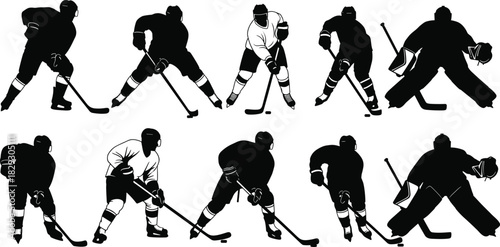 Set of Ice Hockey Player Silhouettes in Various Dynamic Poses Including Skaters and Goalie Vector Illustration for Sports Team and Game Design.