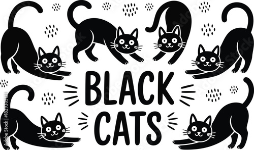 Playful cartoon black cats in various stretching and looking poses surround BLACK CATS text