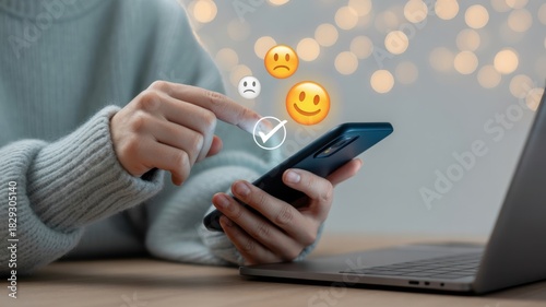 Feedback and Technology: A close-up view depicts a person interacting with a mobile phone, surrounded by emoji expressions, symbolizing digital feedback and opinions.