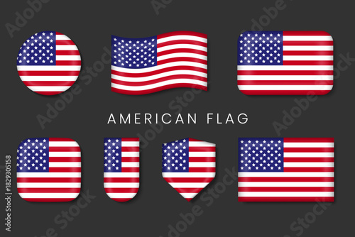 USA Flag Glossy Icons — American Stars and Stripes 3D Patriotic Symbol Set