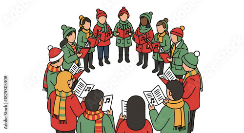 Flat 2D Christmas activity on white a group of diverse people singing carols with simple songbooks in hand. Stylized figures in winter clothes, circular arrangement, minimal details, warm festive pal