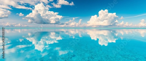 Azure water's perfect mirror reflects sky and clouds,  pristine,  nature