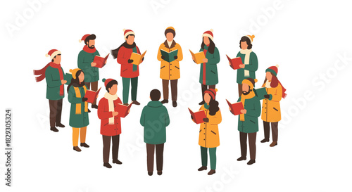 Flat 2D Christmas activity on white a group of diverse people singing carols with simple songbooks in hand. Stylized figures in winter clothes, circular arrangement, minimal details, warm festive pal