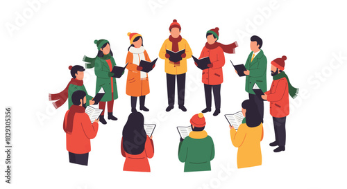 Flat 2D Christmas activity on white a group of diverse people singing carols with simple songbooks in hand. Stylized figures in winter clothes, circular arrangement, minimal details, warm festive pal