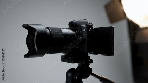 Professional Black Digital Camera on Tripod with Soft Studio Lighting Setup in a White Room