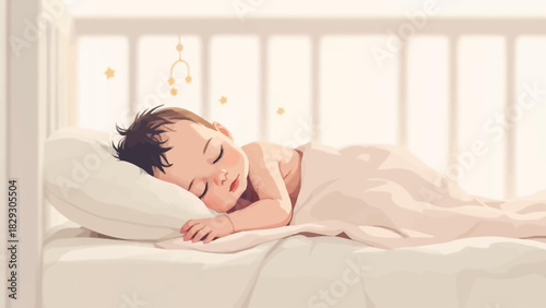 Illustration of a baby sleeping peacefully in a crib under a mobile.