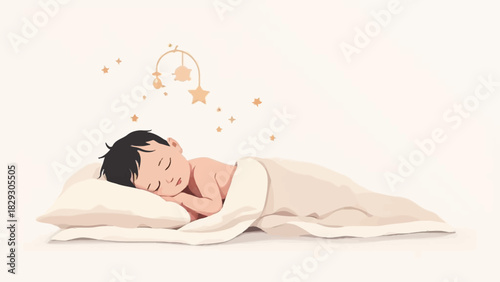 Illustration of a baby sleeping peacefully under a blanket with a mobile hanging above.