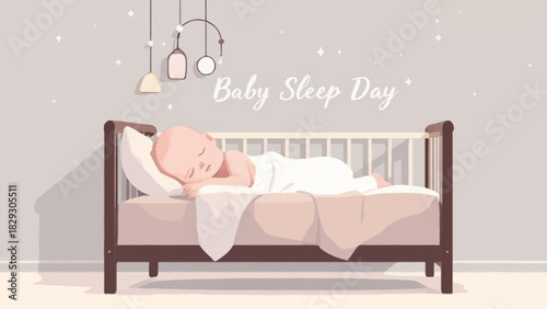 Illustration of a baby sleeping in a crib for Baby Sleep Day.