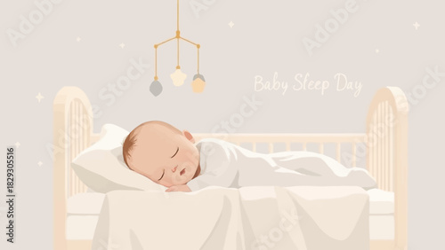 Illustration of a baby sleeping peacefully in a crib for Baby Sleep Day.