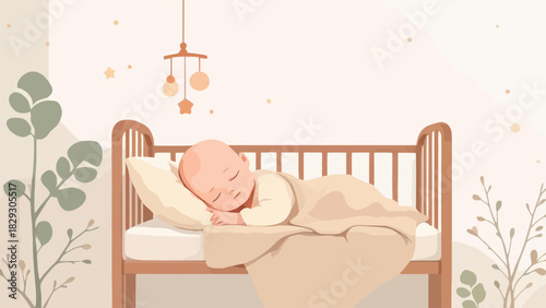 Baby sleeping in a crib with a mobile hanging above it.