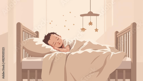 Illustration of a baby sleeping peacefully in a crib with a mobile hanging above.
