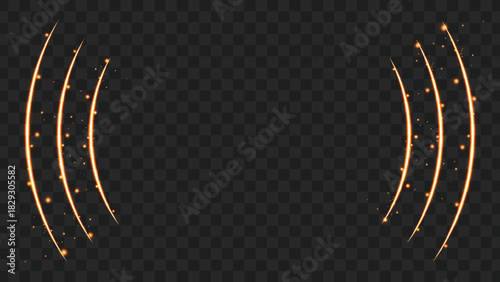 Abstract golden light effect with curved lines and sparkling particles on a dark background.