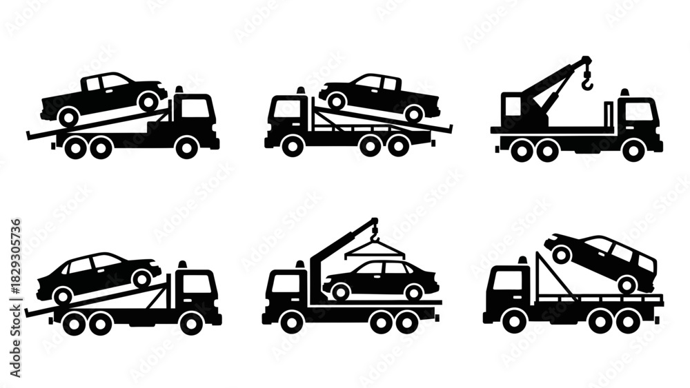Fototapeta premium Six different black and white vector illustrations depicting tow trucks hauling various cars in different positions and angles.