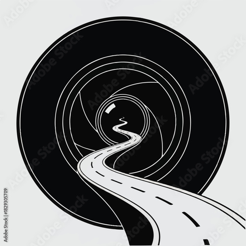 Minimalist graphic of a winding road emerging from a camera lens, symbolizing a creative photographic journey