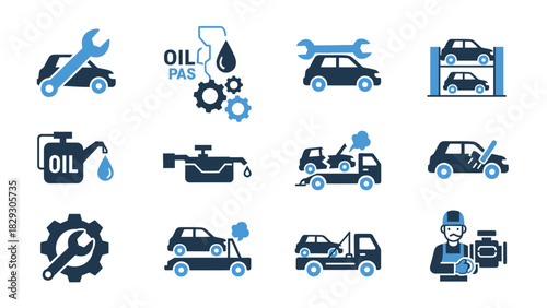 A set of vector icons depicting car maintenance, repair, oil changes, towing, and mechanic services in blue and white.