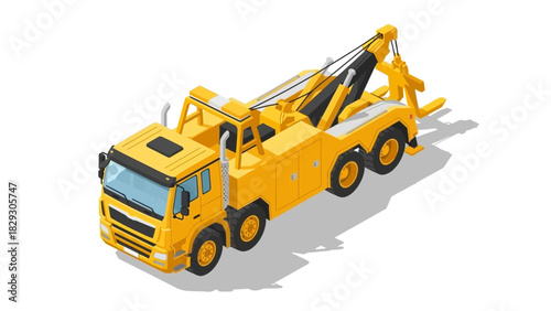 Isometric illustration of a yellow tow truck with a crane, casting a shadow on a white background.