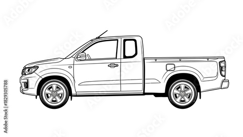 A line drawing illustration of a pickup truck, viewed from the side, showcasing its design and features in a minimalist style.