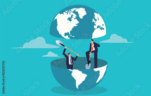 Discovering new business or new opportunities, global business development, two businessmen with shovels digging inside the earth