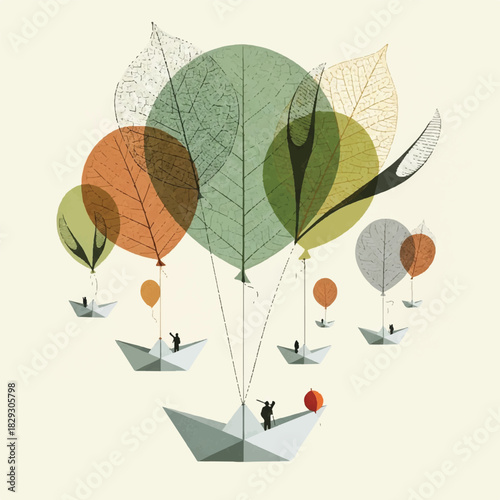 Paper Boats Flying with Leaves as Balloons Dreamy Illustration