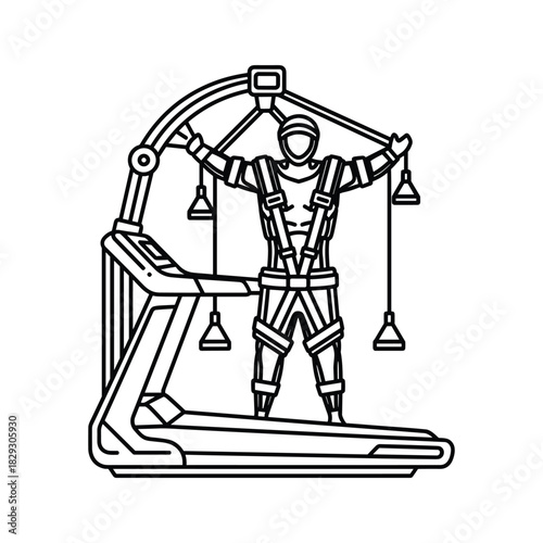 Man wearing ems suit exercising on treadmill with suspension system