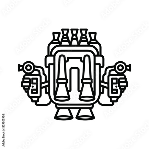 Black and white line art icon of a futuristic jetpack or rocket propulsion system isolated on
