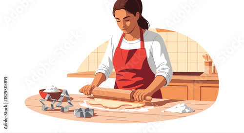  2D vector illustration on white background a person baking Christmas cookies rolling dough, cookie cutters shaped like stars and trees nearby. Kitchen setting simplified, warm tones, no brand ite